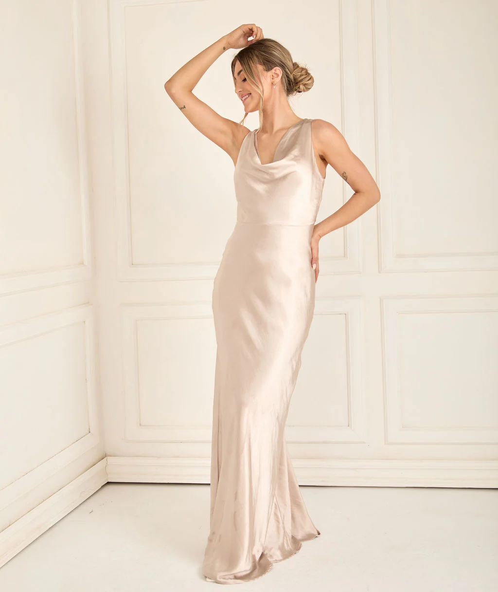 Cowl Front Satin Bridesmaid Dress - Oyster - Image 5